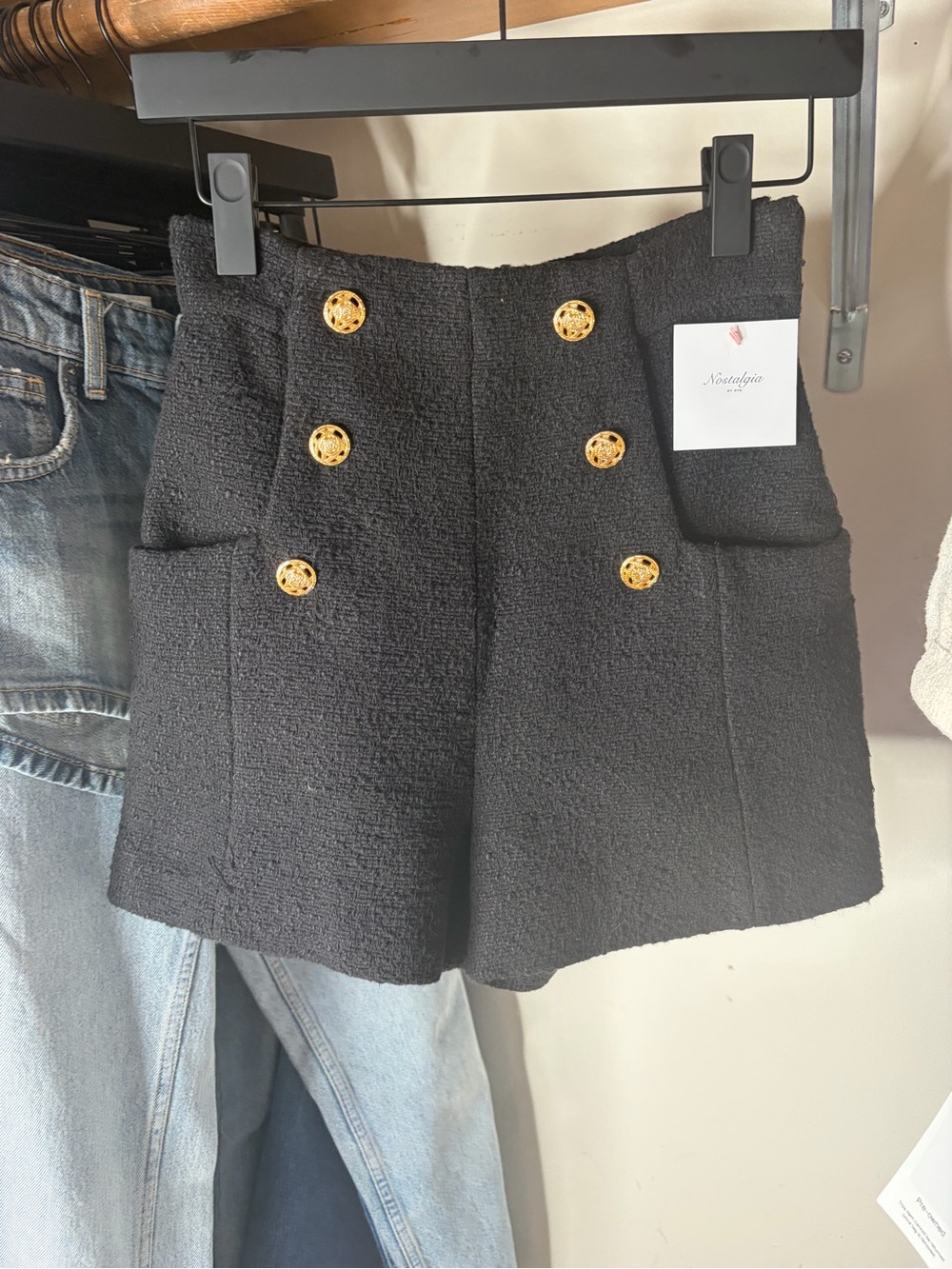 Zara Black High-Waist Tweed Shorts with Gold Buttons